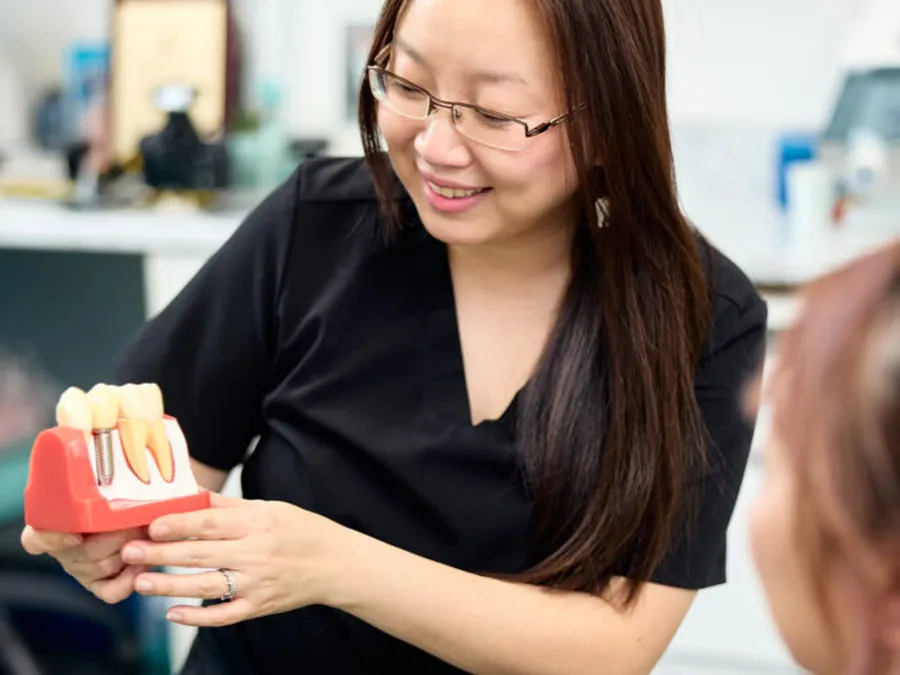 Dr Anna Chau explaining a dental implant model to a patient